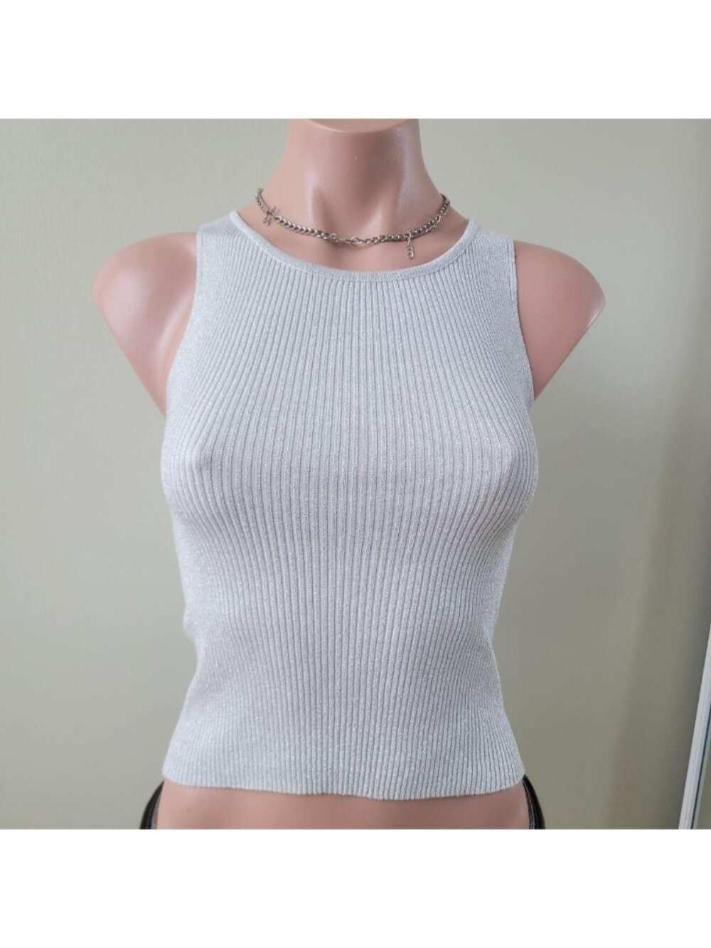 Sinsay Metallic Silver Sparkling Party Wear Ribbed Crop Tank (XXS)